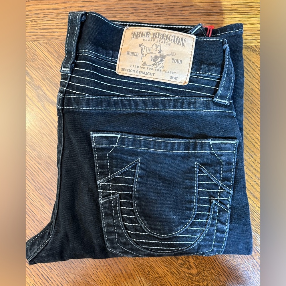 True Religion Black Straight Jeans with Signature Stitching